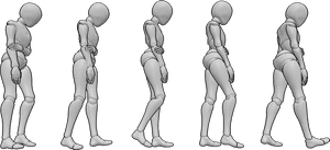 Pose Reference- Sad female walk cycle reference - Sad female is walking slowly, holding her arm and looking down
