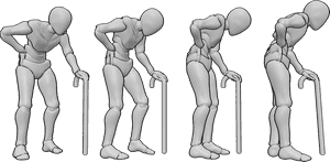 Pose Reference- Old man walk cycle reference - Old male is walking with a walking stick, old male walk cycle reference