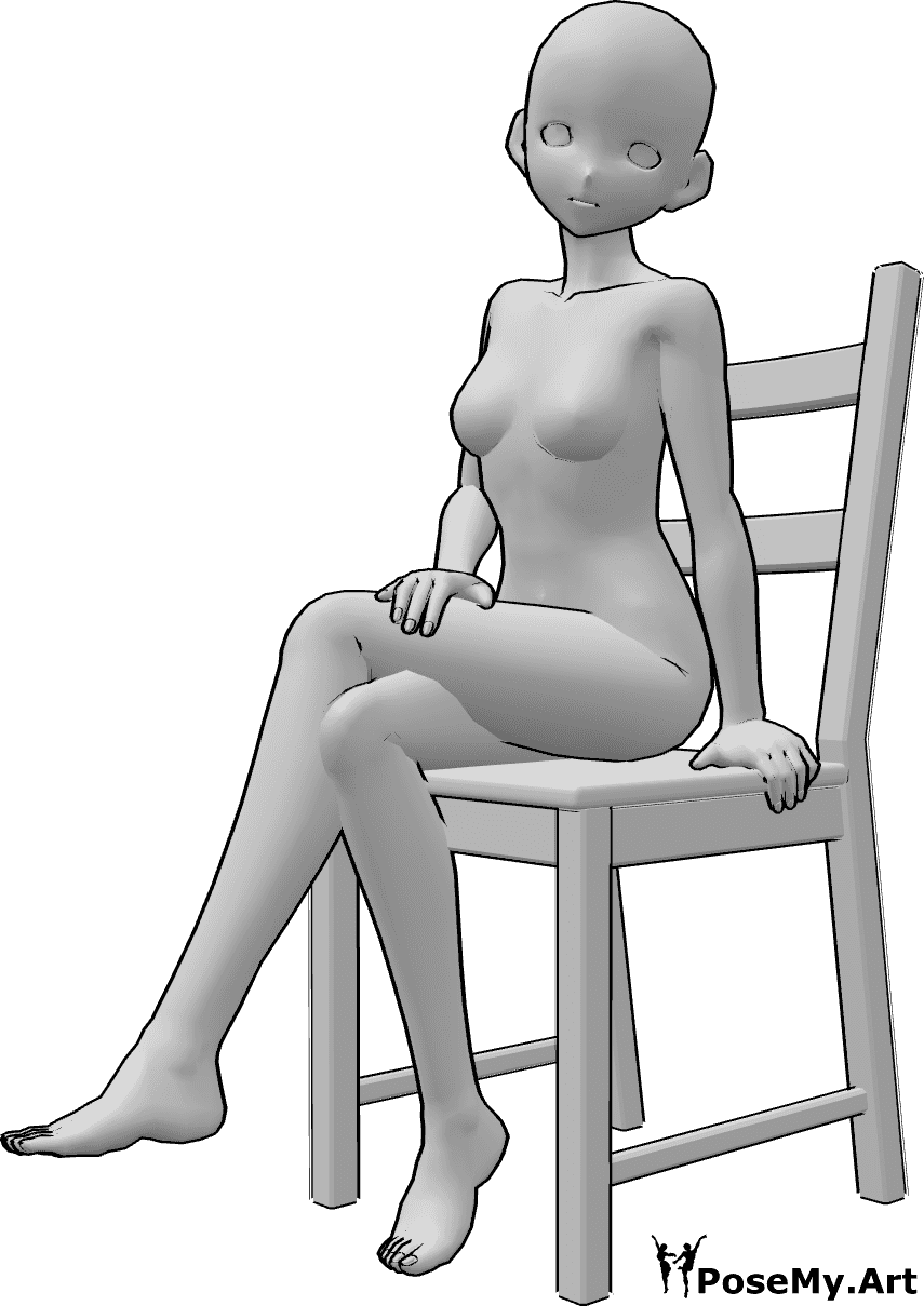 Referência de poses- Pose de cadeira sentada de anime - Mulher anime confiante sentada numa pose de cadeira