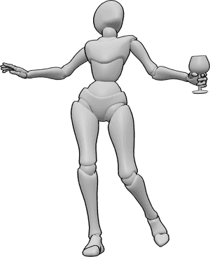 Pose Reference- Drunk female dancing pose - Drunk female is dancing, holding a wine glass in her left hand