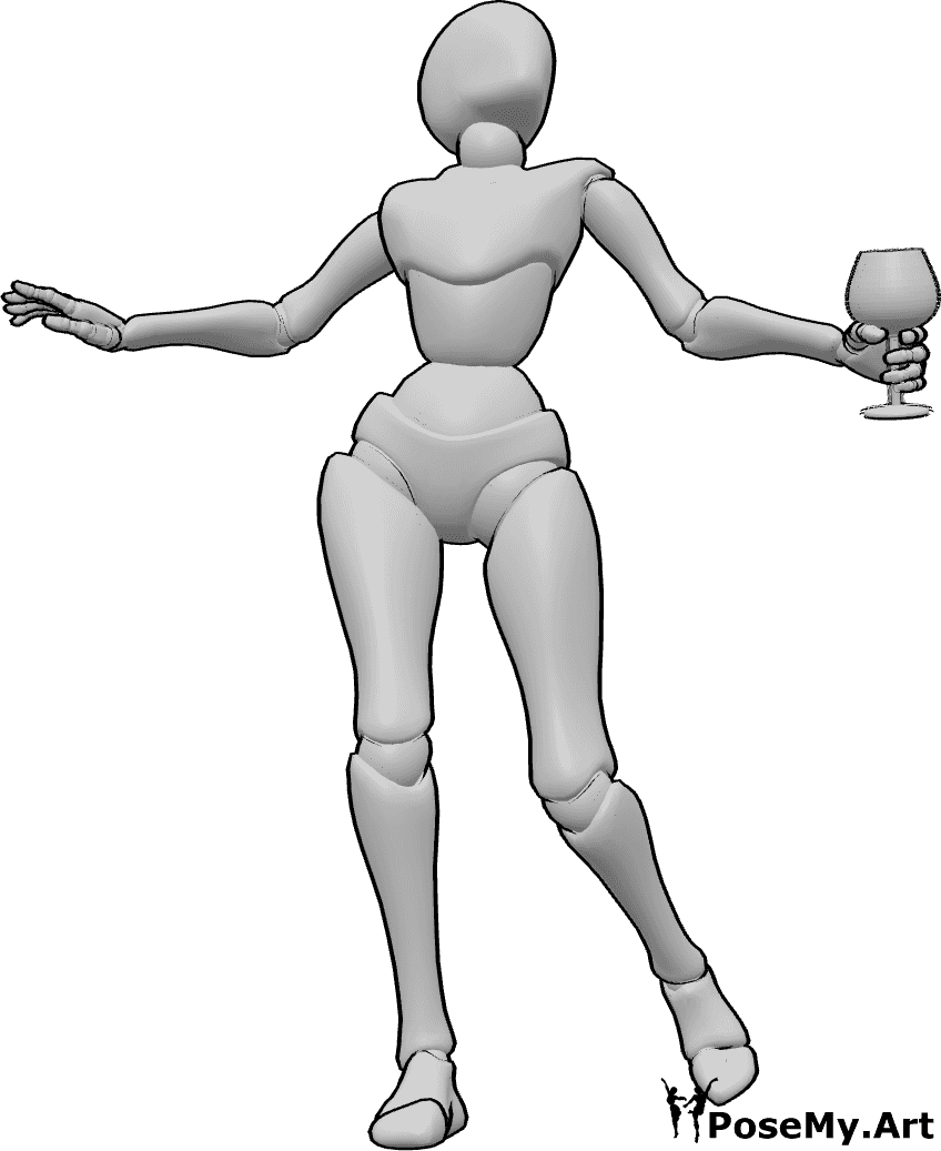 姿势资料- 醉酒女性的舞蹈姿势 - 醉酒女性正在跳舞，左手拿着酒杯