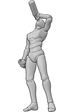 Pose Reference- Drunk male standing drinking pose - Drunk male is standing, holding a wine bottle and a wine glass, drinking from the bottle