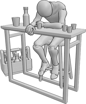 Pose Reference- Drunk male bar pose - Drunk male is sitting on the bar stool at the bar table, looking down
