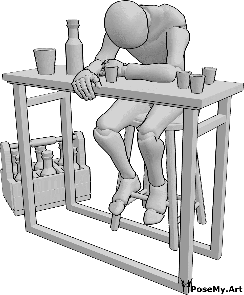 Pose Reference- Drunk male bar pose - Drunk male is sitting on the bar stool at the bar table, looking down