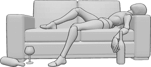 Pose Reference- Drunk female lying pose - Drunk female is lying on the couch, there are wine bottles around her