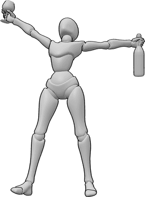 Pose Reference- Happy drunk female pose - Happy and drunk female is standing and raising a wine bottle and a wine glass