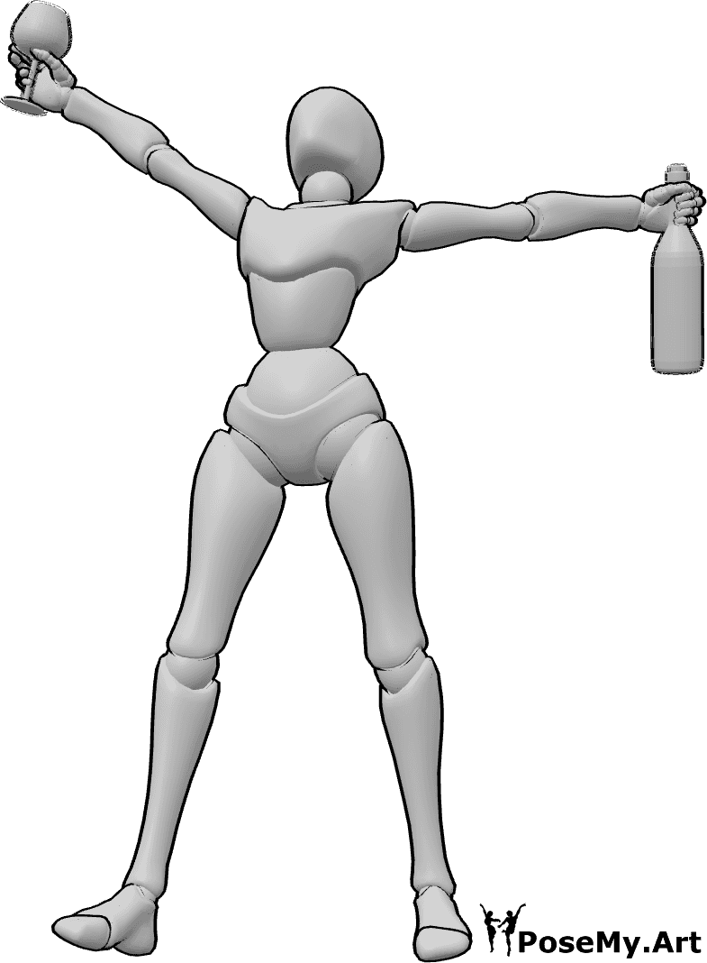 ポーズ資料- 幸せそうな酔っ払いの女性のポーズ - 幸せそうに酔っぱらっている女性が、ワインボトルとワイングラスを持って立っている。