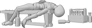 Pose Reference- Drunk male lying pose - Drunk male is lying on a bench, there are bottles around him
