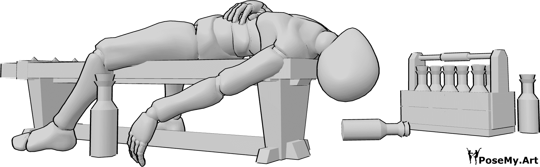 Pose Reference- Drunk male lying pose - Drunk male is lying on a bench, there are bottles around him