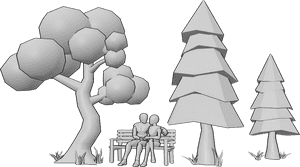 Pose Reference- Couple park sitting pose - Female and male are sitting on a bench surrounded by trees