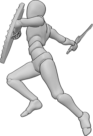 Pose Reference- Heroic sword strike pose - Male is jumping and striking with a sword, heroic sword attack reference