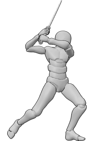 Pose Reference- Overhead sword swing pose - Male is lifting his sword high and swinging down, overhead sword strike reference