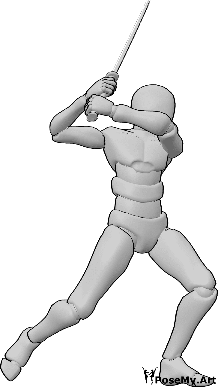 Pose Reference- Overhead sword swing pose - Male is lifting his sword high and swinging down, overhead sword strike reference