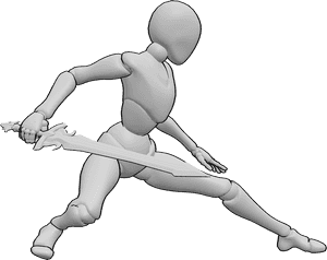Pose Reference- Balanced combat stance pose - Female is in stable fighting stance, holding sword in her right hand, female balanced sword combat reference