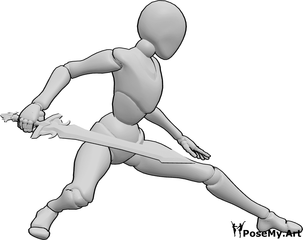 Pose Reference- Balanced combat stance pose - Female is in stable fighting stance, holding sword in her right hand, female balanced sword combat reference