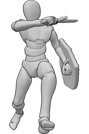 Pose Reference- Dynamic blade motion pose - Male mid-swing with sword, dynamic blade movement reference