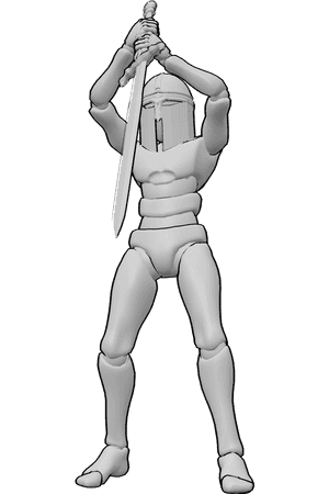 Pose Reference- Final blow strike pose - Male delivering a finishing sword strike, final attack reference