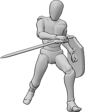 Pose Reference- Flanking sword step pose - Male stepping sideways with sword ready, flanking attack reference