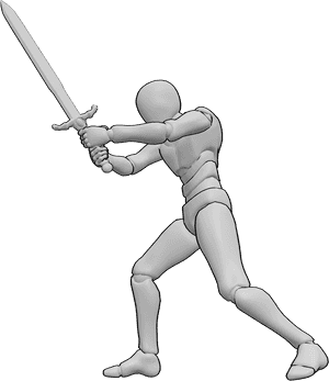 Pose Reference- Power slash attack pose - Male is swinging his sword with force, power slash reference