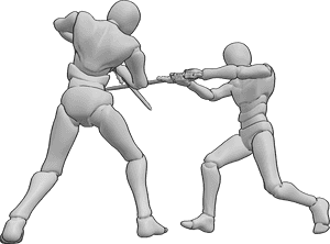Pose Reference- Intense sword clash pose - Two males are fighting, clashing swords with intensity, sword duel reference