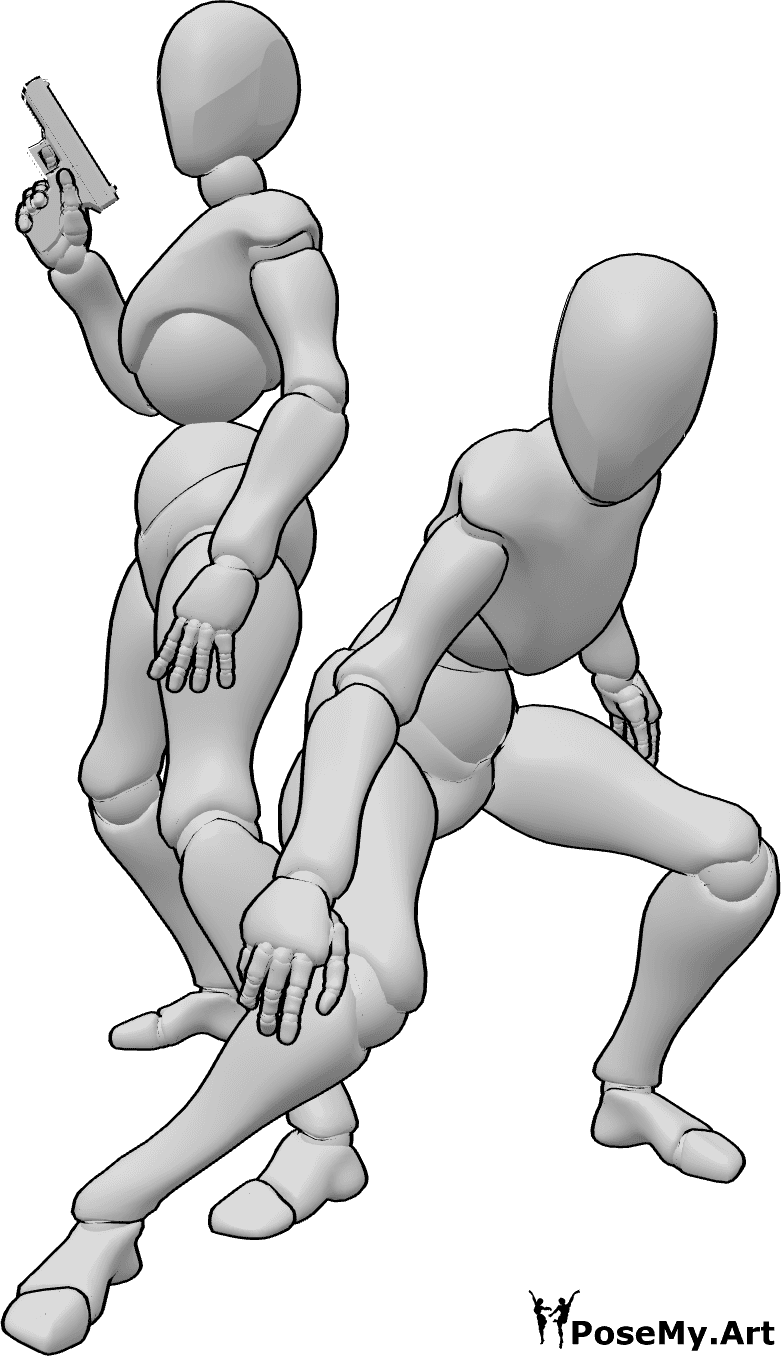 Referência de poses- Fêmeas em pose de combate - Duas mulheres, uma delas com uma arma, pronta a lutar pose