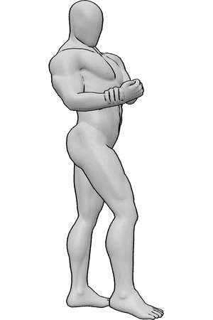 Pose Reference- Side chest lift pose - Male lifting chest and flexing side view, side chest flex reference