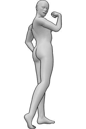 Pose Reference- Backward glance pose - Muscular female is looking back over her shoulder, backward glance reference