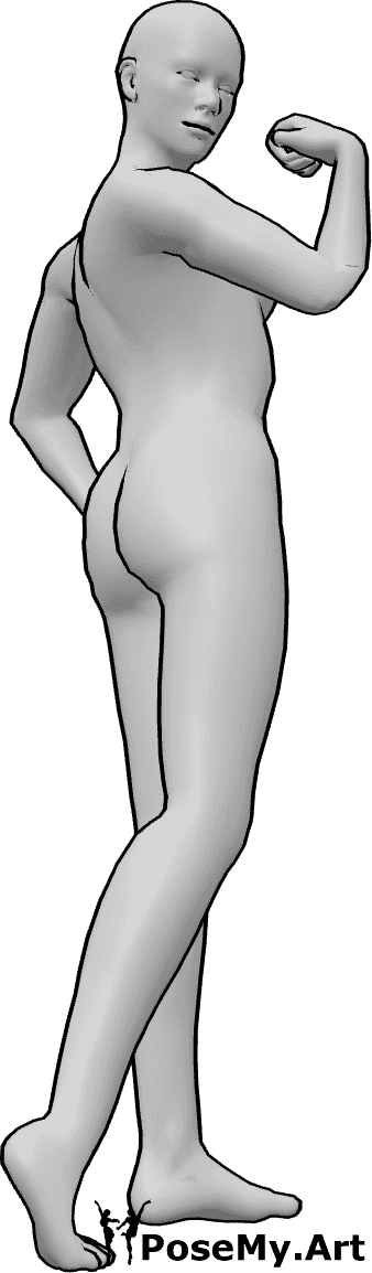 姿势资料- 后视姿势 - 肌肉发达的女性正回过头来，向后看了一眼。