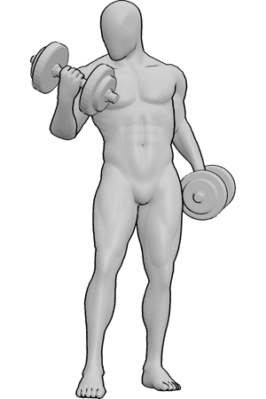 Pose Reference- Dumbbell curl pose - Male is curling dumbbell with his arm flexed, dumbbell bicep curl reference