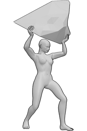 Pose Reference- Overhead rock lift pose - Muscular female is lifting a large rock above her head, overhead rock lift reference
