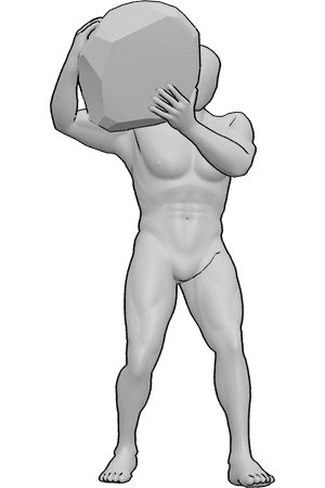 Pose Reference- Rock shoulder carry pose - Muscular male is carrying a heavy rock on his shoulder and walking, rock carrying reference