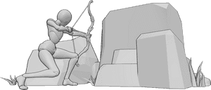 Pose Reference- Crouch ambush bow pose - Female is crouching behind cover, bow aimed through a narrow gap