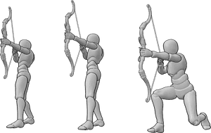 Pose Reference- Three-archer formation pose - Group of three males are aiming in synchronized directions