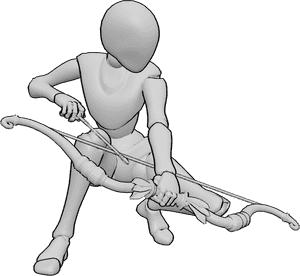 Pose Reference- Crouched hunter pose - Female crouched low, bow ready, scanning surroundings, female bow reference