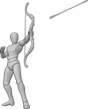 Pose Reference- Arrow released stance pose - Male is standing and holding a bow, just after release, bowstring relaxed