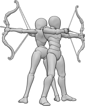 Pose Reference- Dual archers pose - Female and male are standing back-to-back, bows drawn in opposite directions