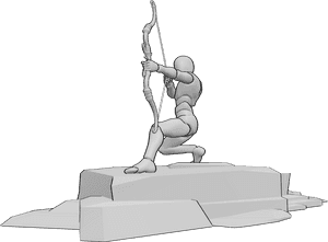 Pose Reference- Low squat bow aim pose - Male is squatting low, bow aimed forward, male archer holding bow reference