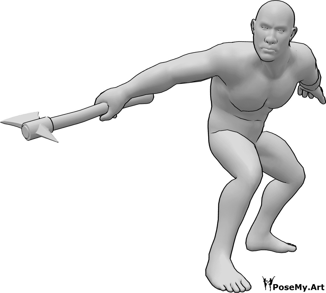 Référence des poses- Brute mâle pose de la hache - Homme brut prêt à attaquer avec une hache pose