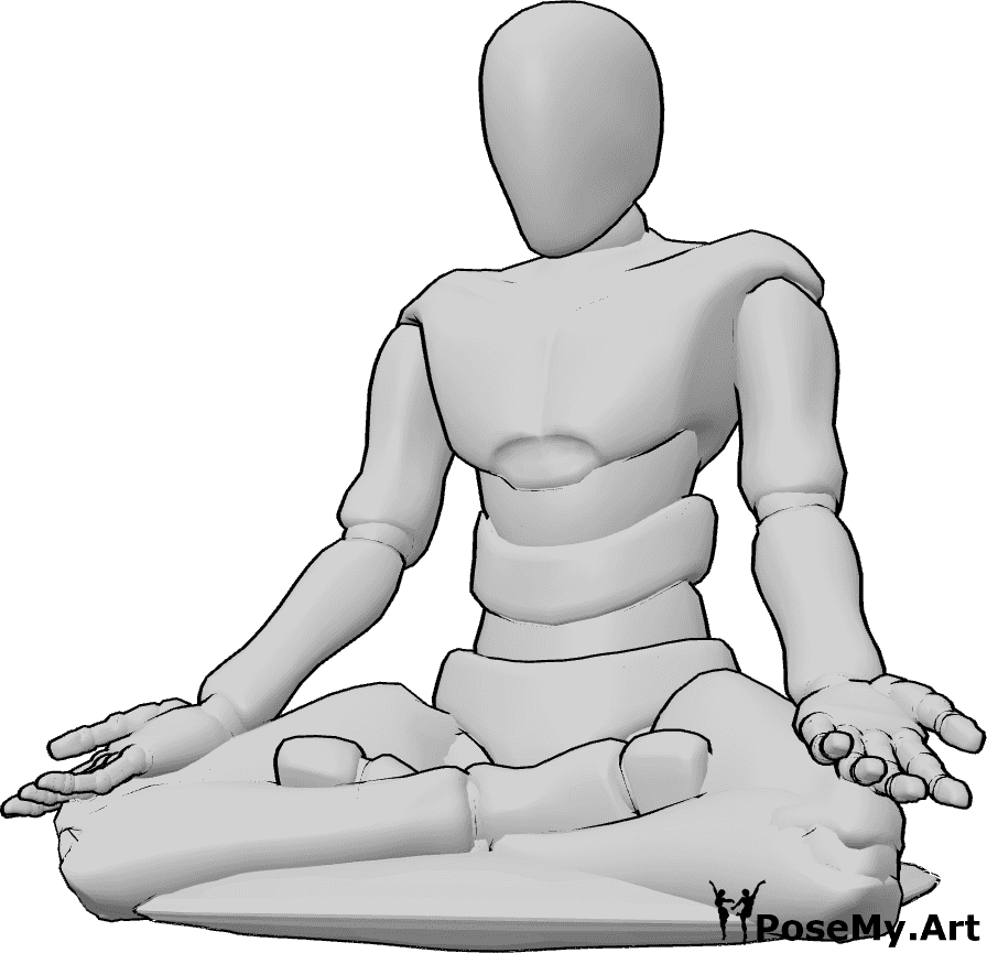 Référence des poses- Référence à la paume ouverte et détendue - L'homme est assis et médite, ses paumes sont détendues et ouvertes, tournées vers le haut.