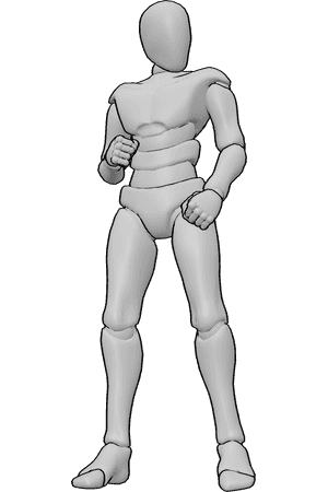 Pose Reference- Clenched fist hand reference - Male is standing, looking slightly to the left, his hands are clenched into fists