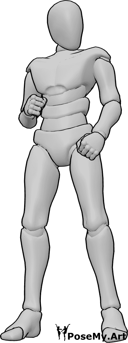 Referencia de poses- Referencia de la mano con el puño cerrado - El hombre está de pie, mirando ligeramente a la izquierda, con las manos cerradas en puños.
