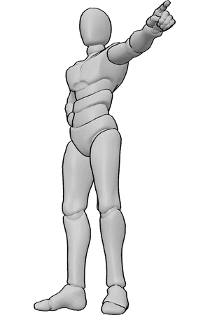 Pose Reference- Male pointing hand reference - Male is standing and pointing, his index finger is extended, his right hand is on his hip