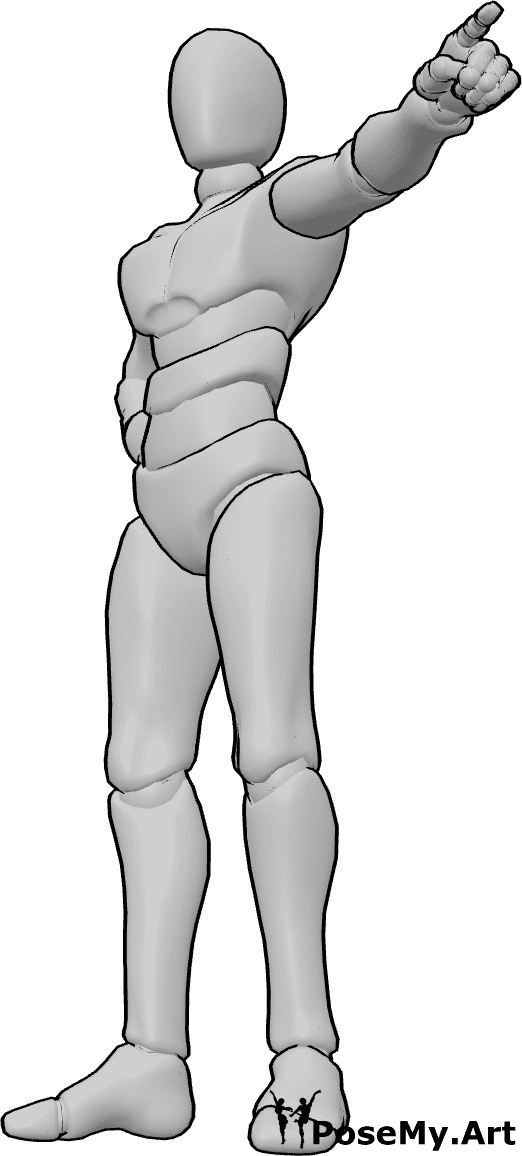 Référence des poses- Référence à la main de l'homme qui pointe - L'homme est debout et pointe du doigt, son index est tendu, sa main droite est posée sur sa hanche.