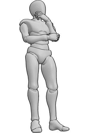 Pose Reference- Holding chin hand reference - Male is standing and thinking, holding his chin with his left hand