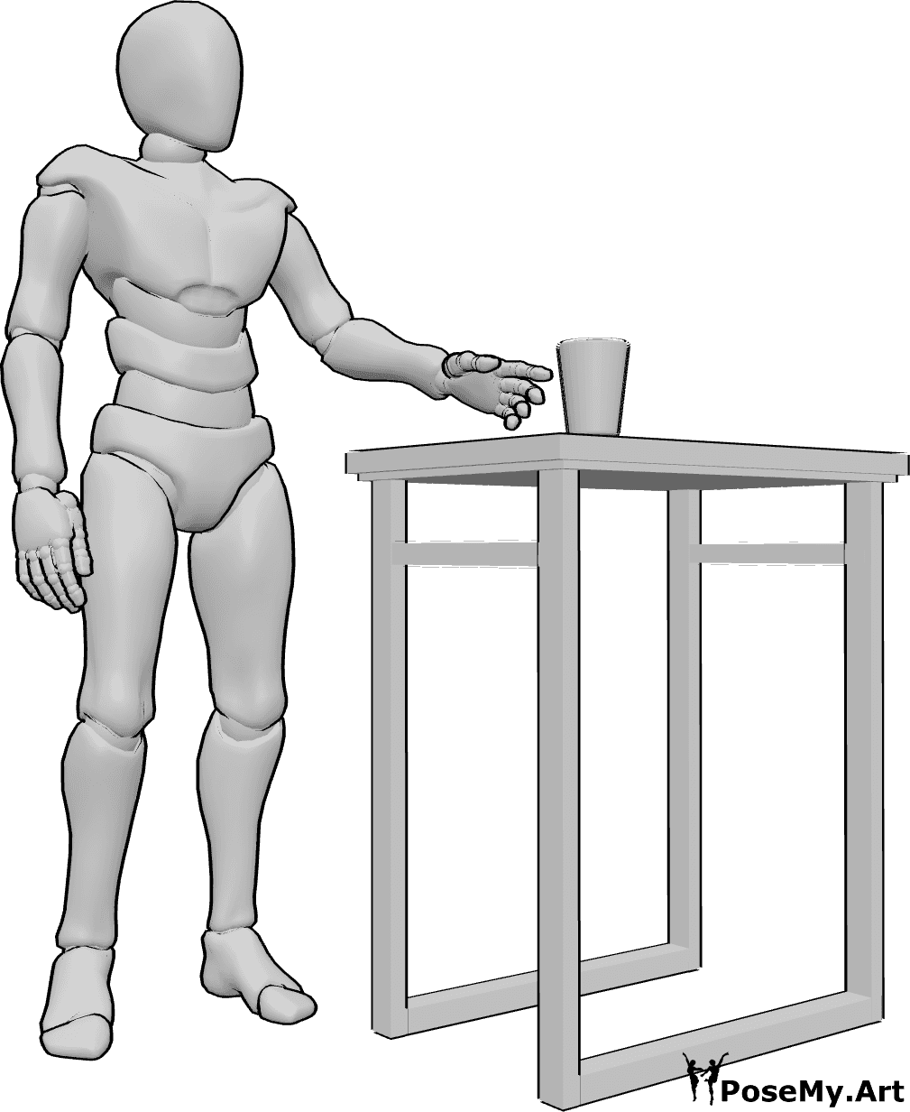 Referencia de poses- Referencia de la mano hacia delante - El hombre está de pie y estira la mano hacia delante para coger un vaso, con la palma abierta.