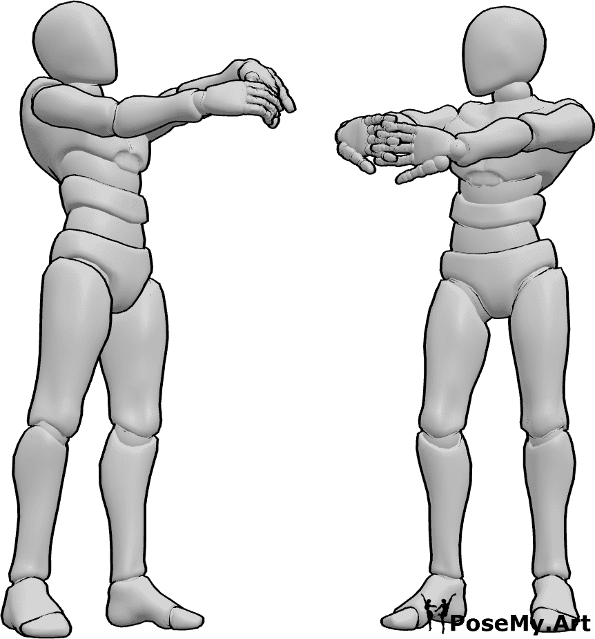 포즈 자료- 손 스트레칭 참조 - 두 명의 남성이 나란히 서서 손가락을 뻗고 있습니다.