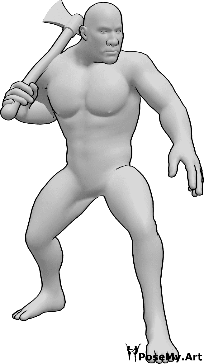 Referencia de poses- Macho bruto en pose de pie - Hombre bruto de pie y sosteniendo un hacha pose