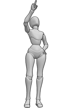 Pose Reference- Pointing upward hand reference - Female is standing and pointing up with her right hand, holding her hip with her left hand