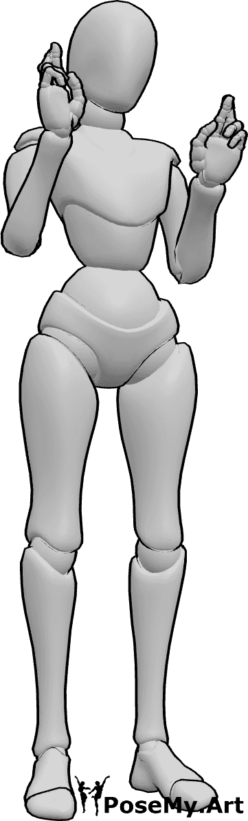 姿势资料- 十指交叉手参考 - 女性站立，食指和中指交错