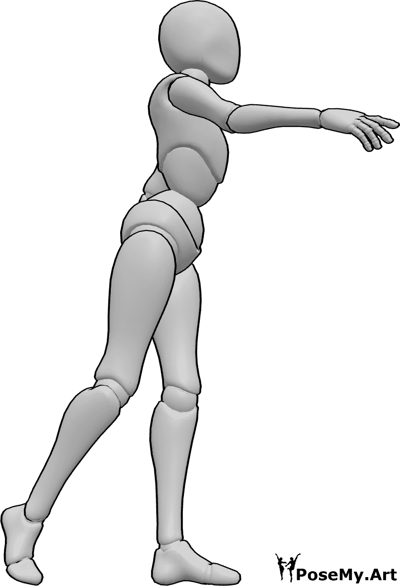 Referencia de poses- Referencia de mano de alcance grácil - La mujer está de pie y estira la mano con gracia para coger algo